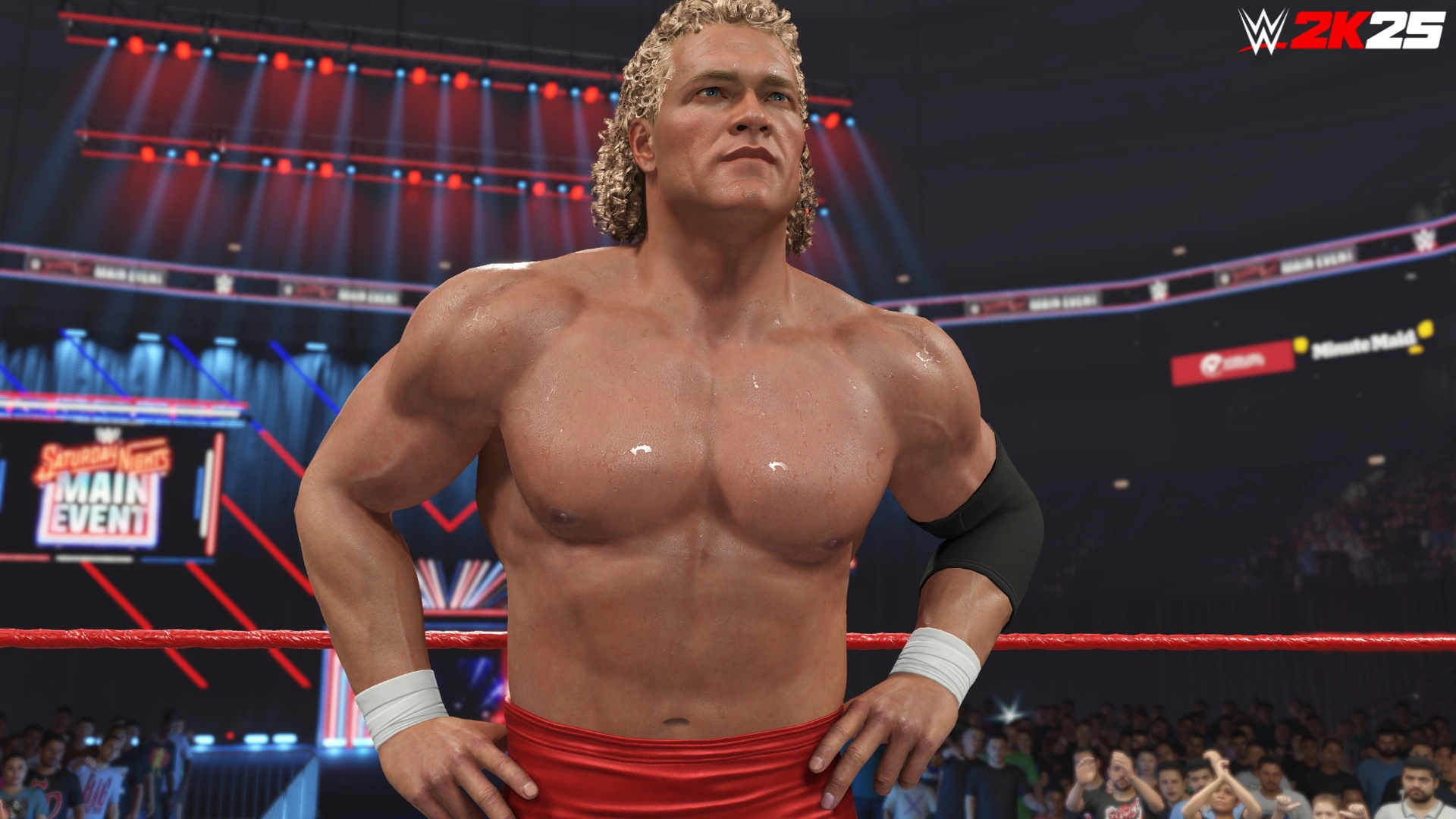 Wrestler with curly hair stands confidently in the ring, surrounded by cheering fans and bright lights