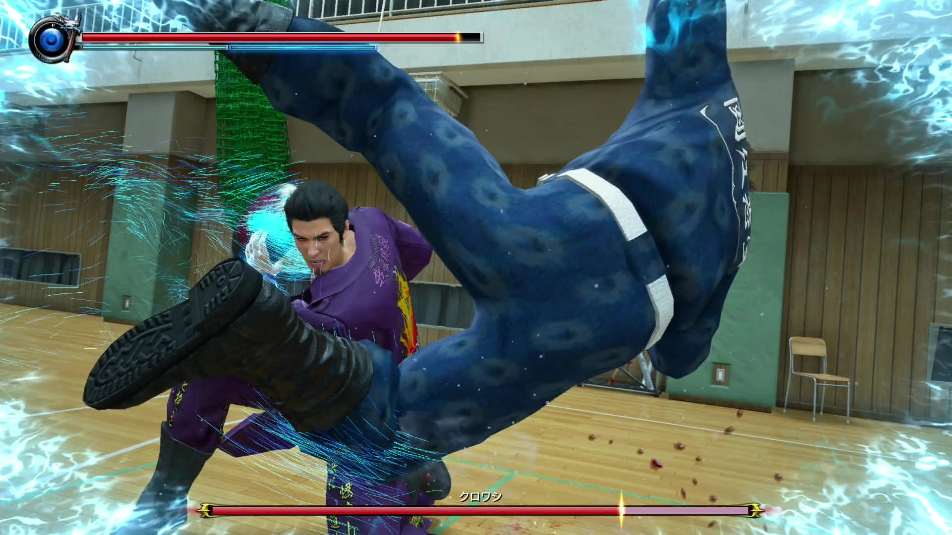 A dynamic fight scene from Yakuza Kiwami 3, showcasing intense combat moves in a gym setting