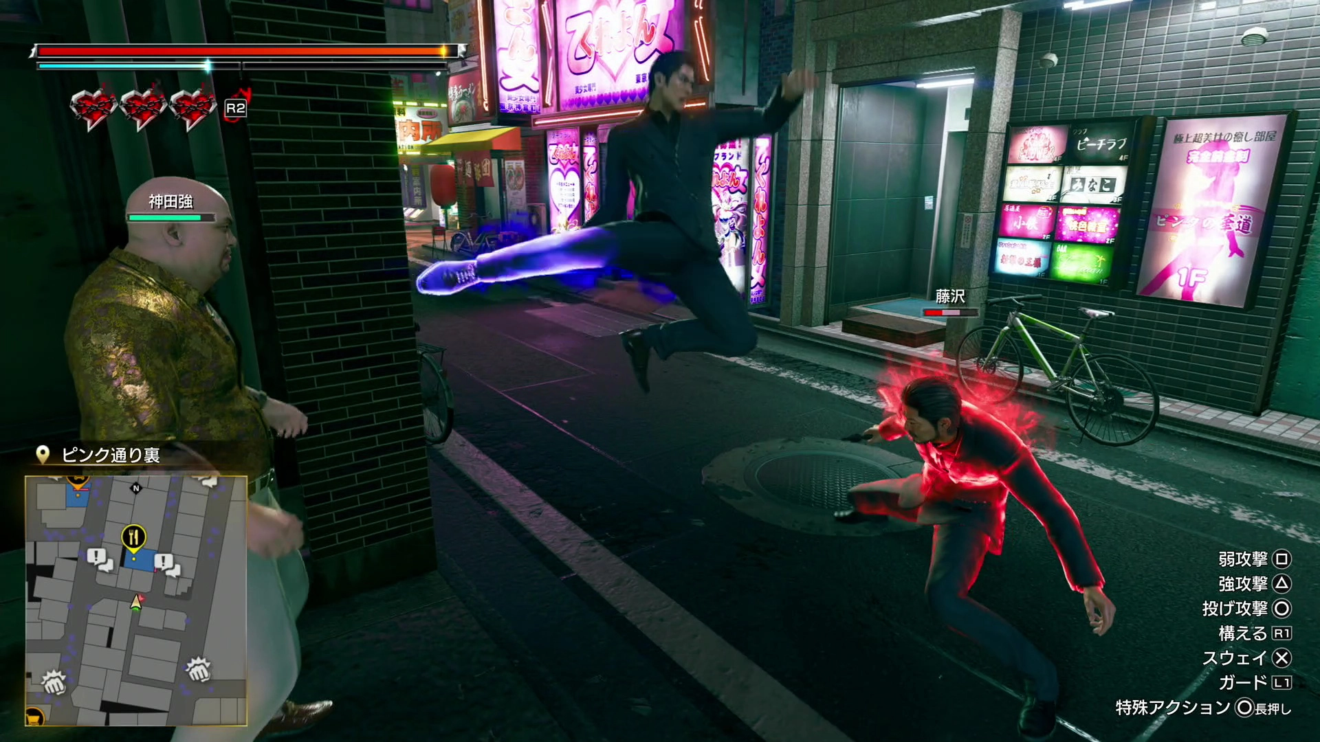 A dynamic street fight scene from Yakuza Kiwami 3, showcasing intense combat moves and vibrant neon lights