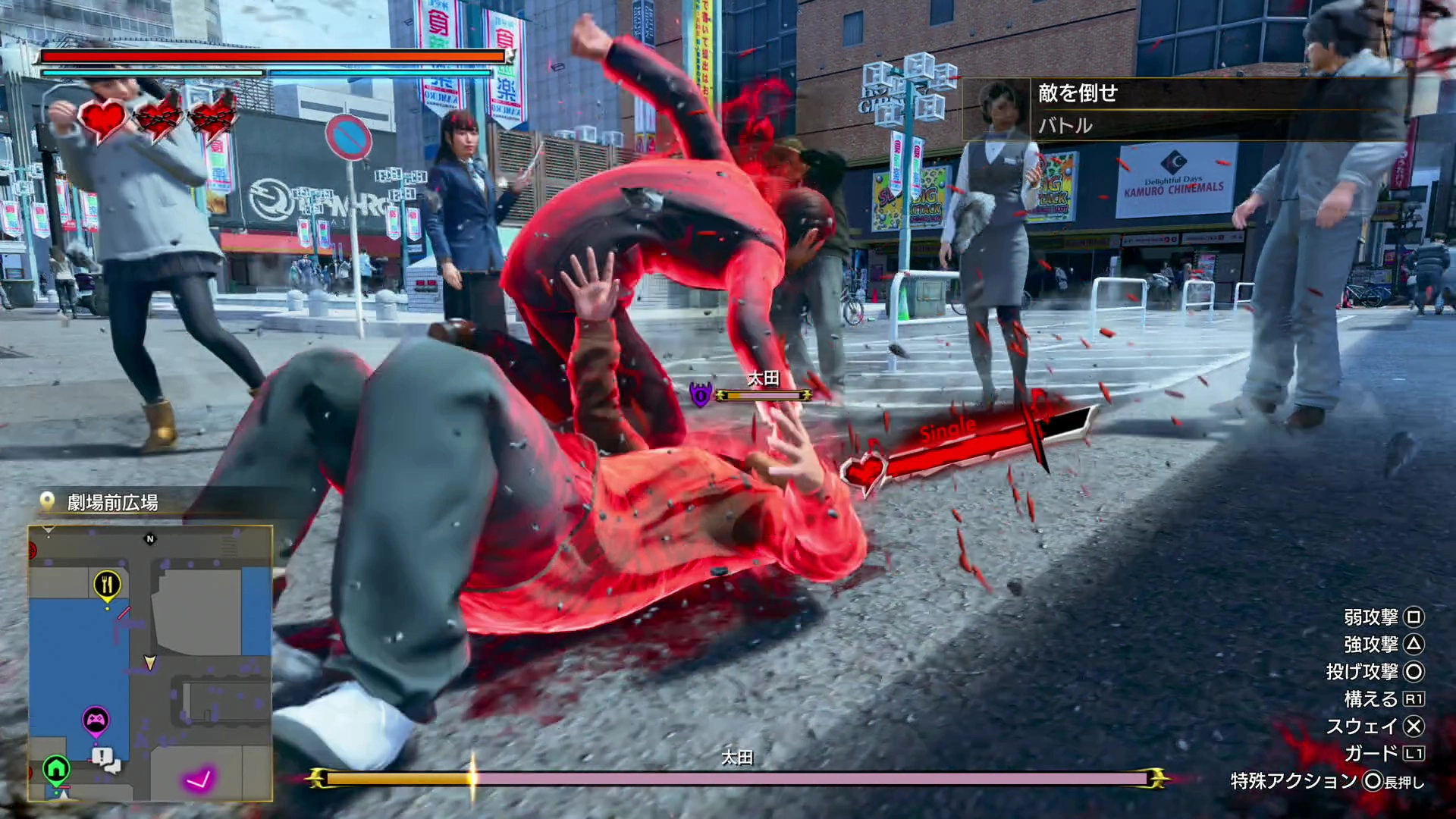 A dramatic street fight scene from Yakuza Kiwami 3, showcasing intense combat and dynamic action moves