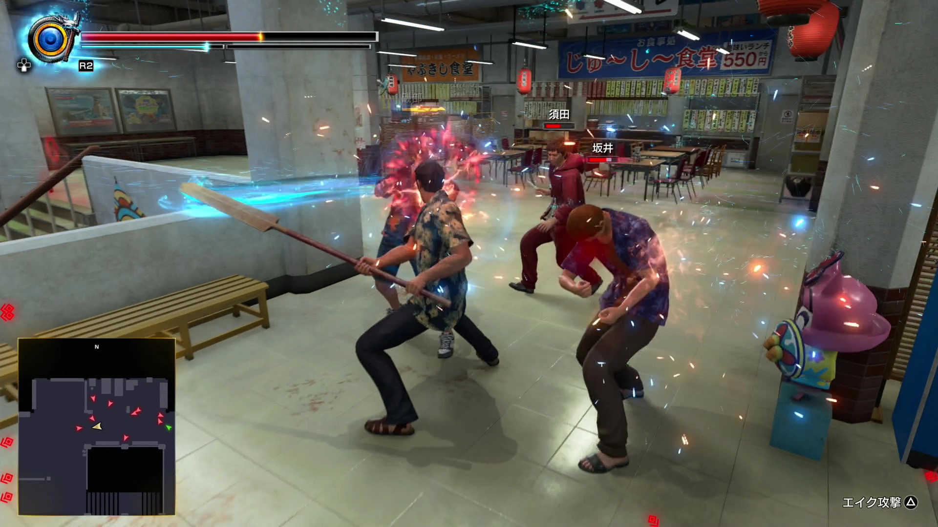 Characters engage in a dynamic combat scene inside a restaurant, showcasing action from Yakuza Kiwami 3