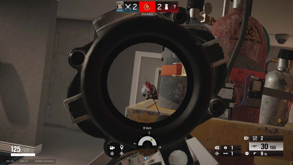 First-person view through a sniper scope in Rainbow Six Siege, aiming at an enemy in a tactical shooter match