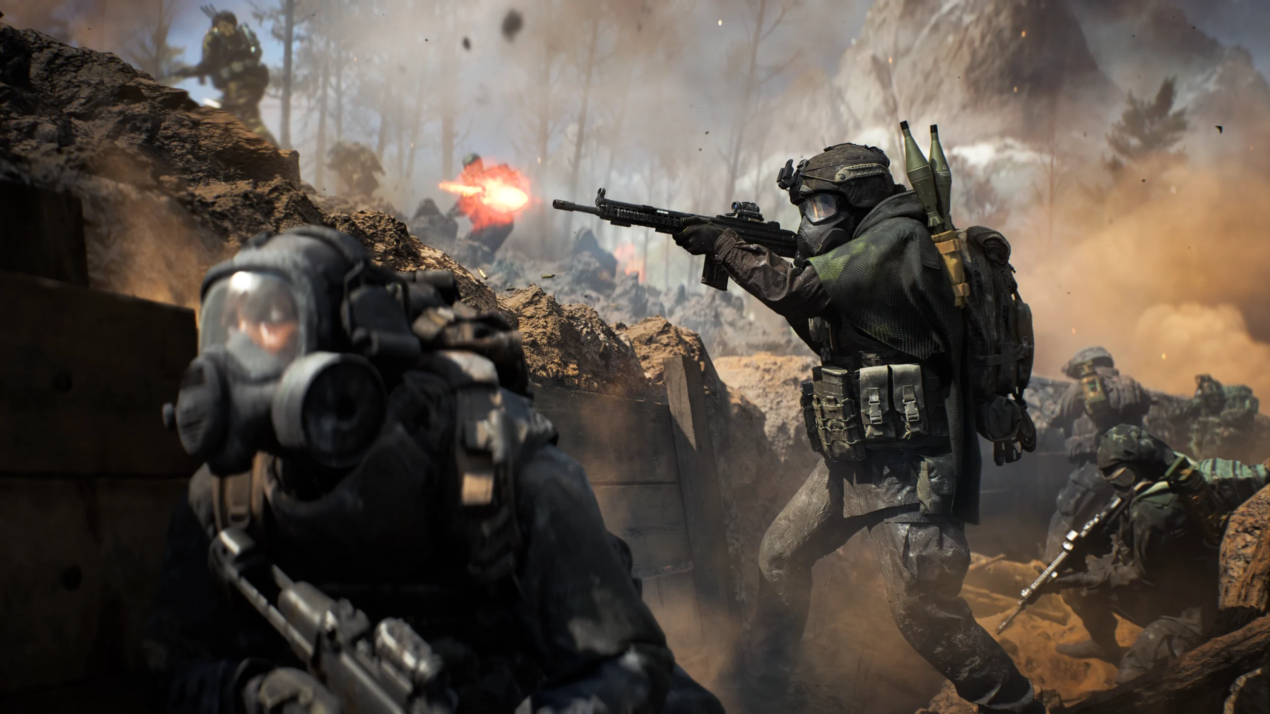 Soldiers in tactical gear engage in intense combat on a rugged battlefield with explosions and smoke