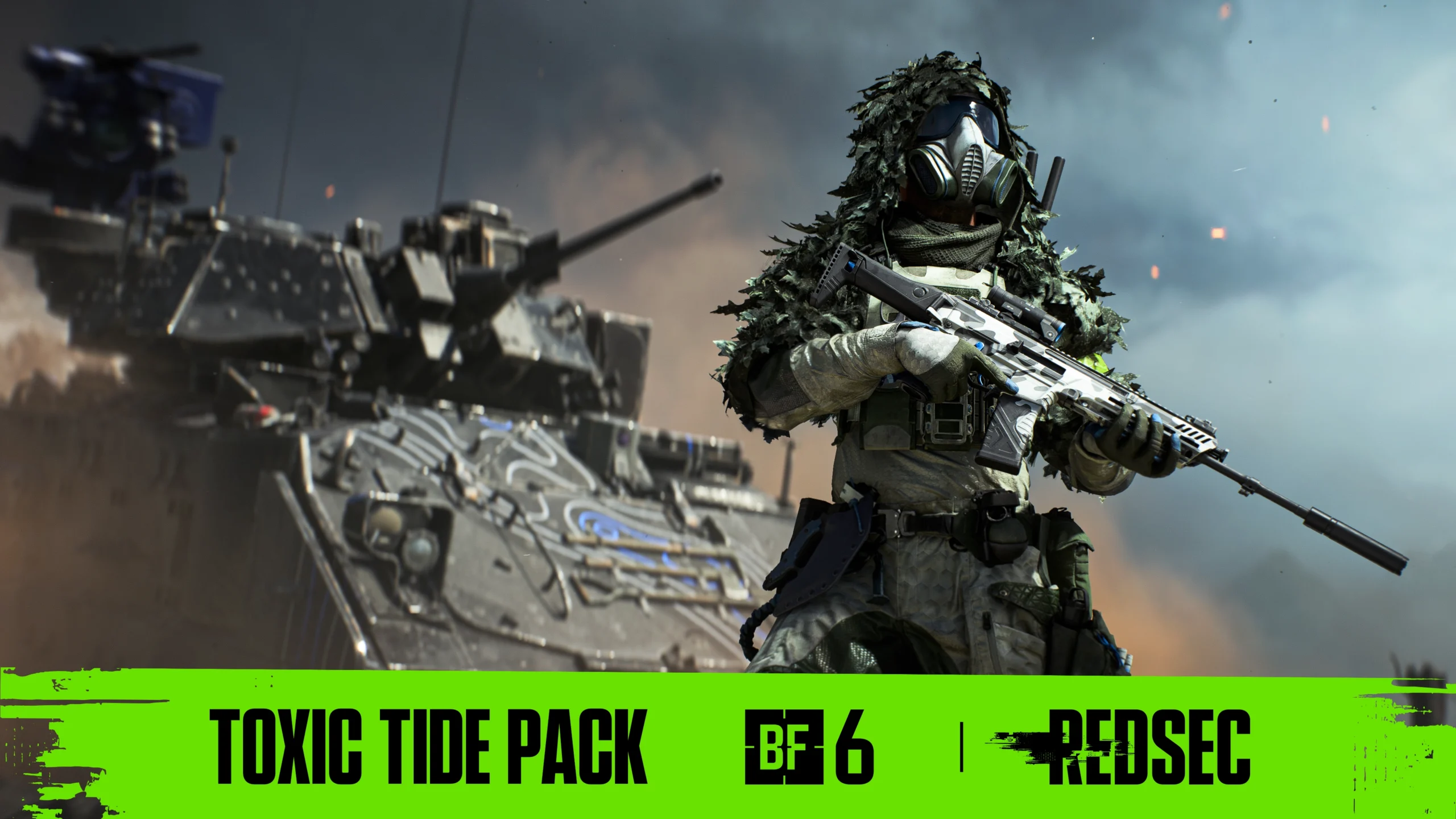 Soldier in camo gear with rifle stands in front of armored vehicle, promoting Battlefield 6 Toxic Tide Pack
