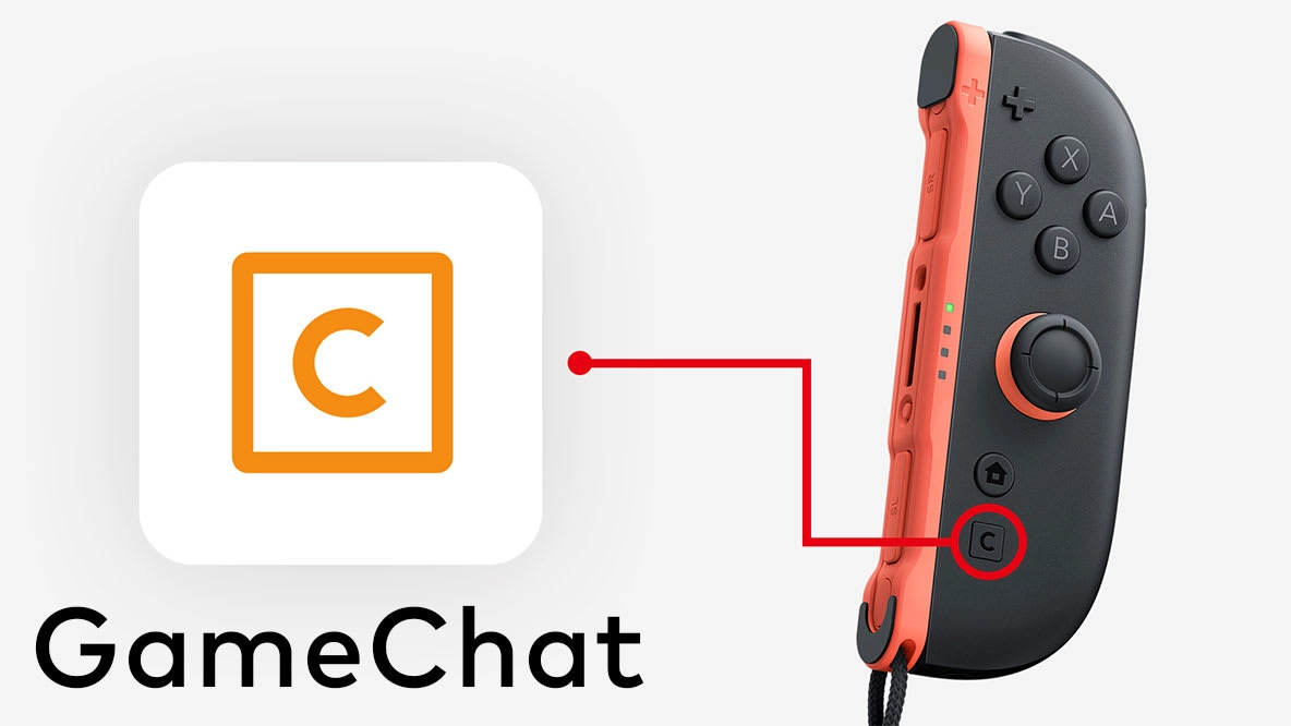 Nintendo Switch 2 Joy-Con controller with highlighted C Button next to GameChat logo