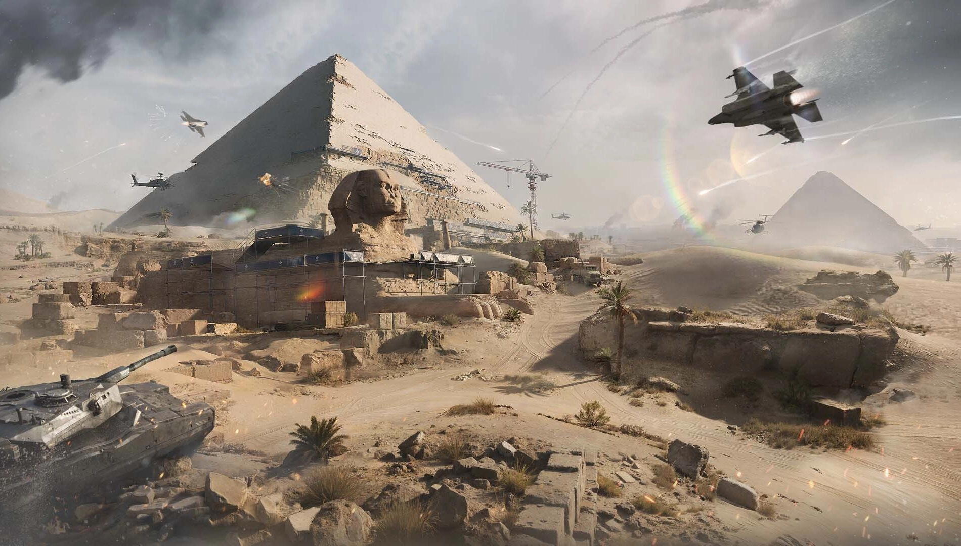 Desert battlefield with pyramids, fighter jets, and tanks, setting for Delta Force's Fiery Owl Hunt mode