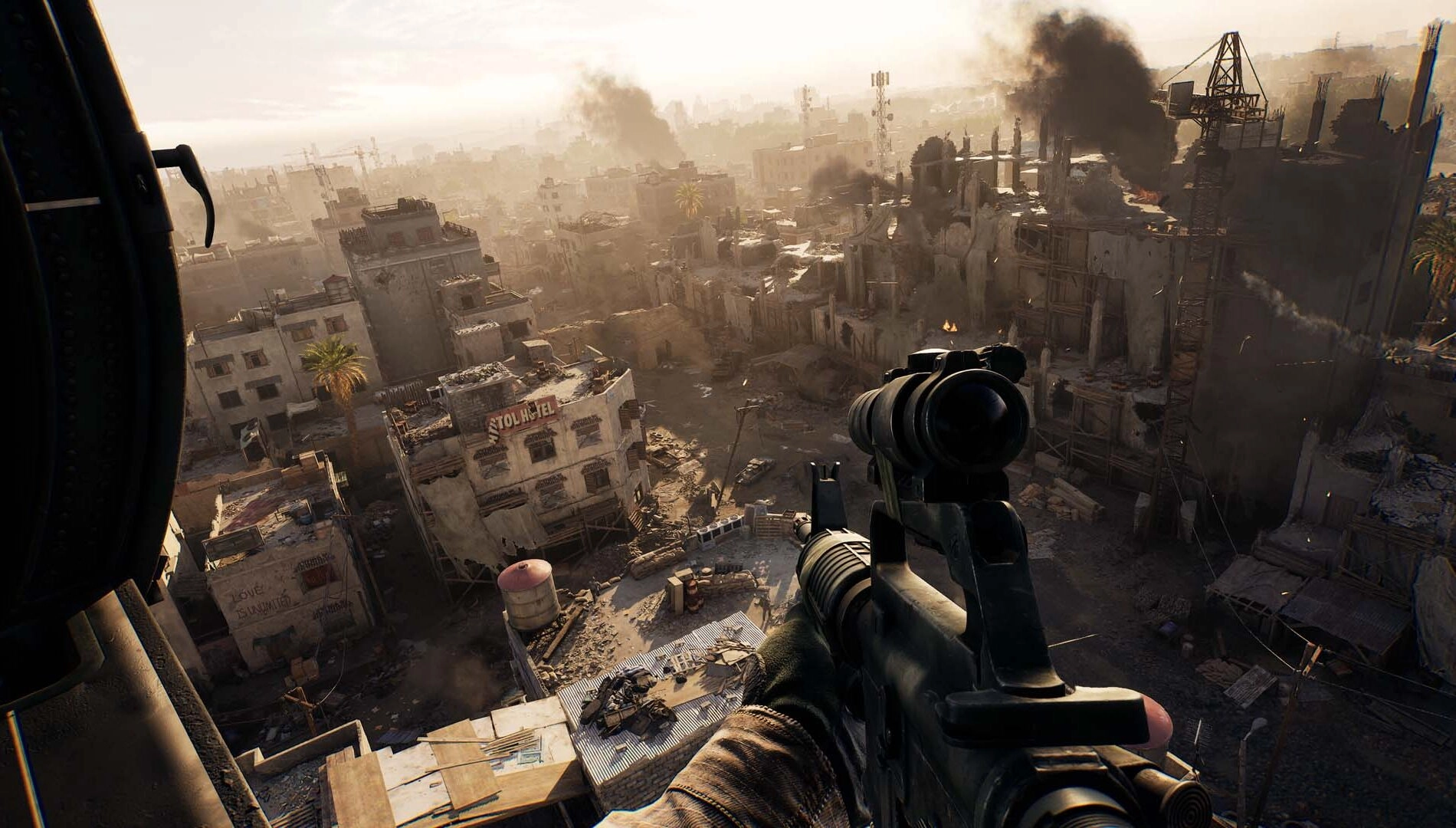 A player views a war-torn cityscape through a sniper scope in Delta Force's Fiery Owl Hunt mode