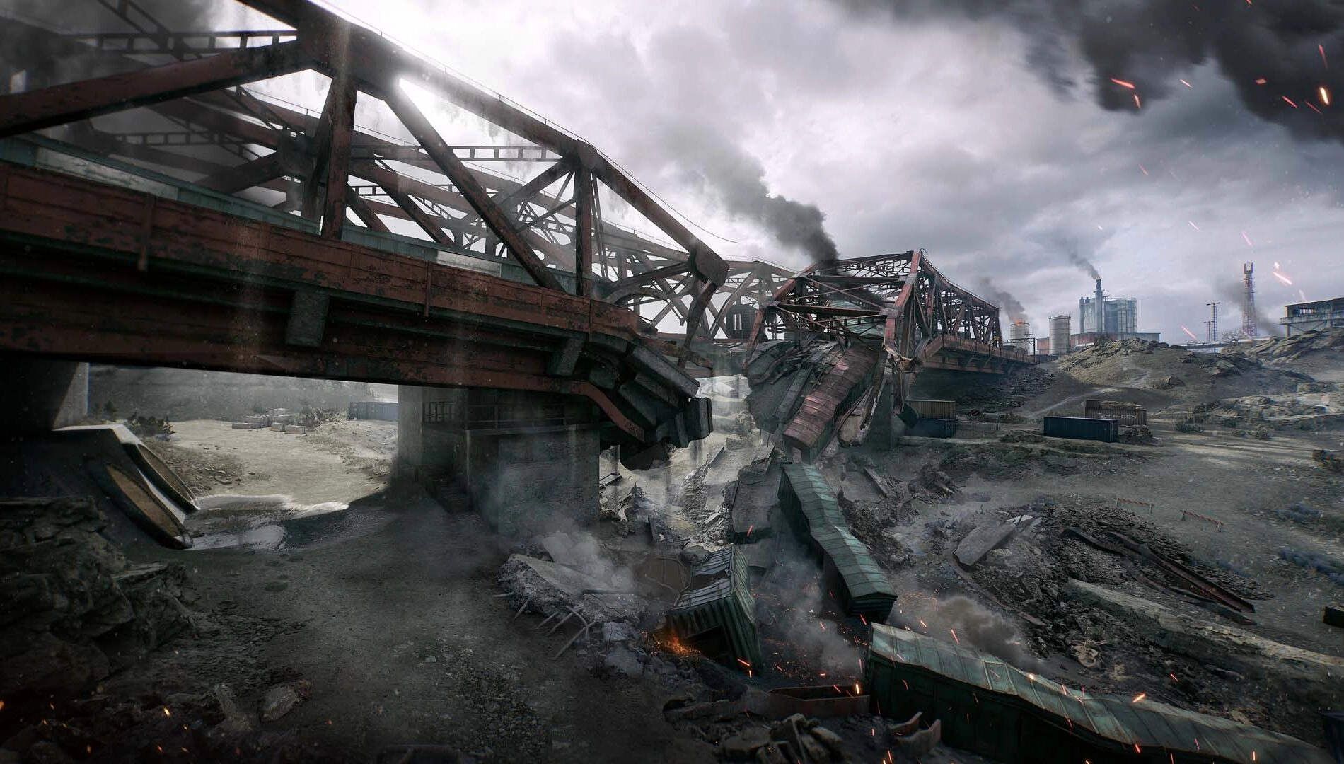 A destroyed bridge in a war-torn landscape, with smoke and debris, sets the scene for Delta Force's new mode