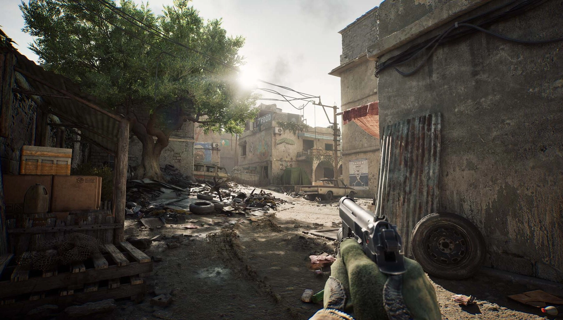 Player holding a pistol in a post-apocalyptic urban setting, showcasing Delta Force's Fiery Owl Hunt mode