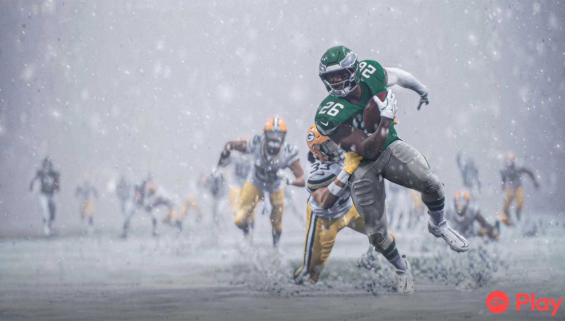 Football player in green jersey evades defenders in snowy game, showcasing Madden NFL 26's dynamic gameplay