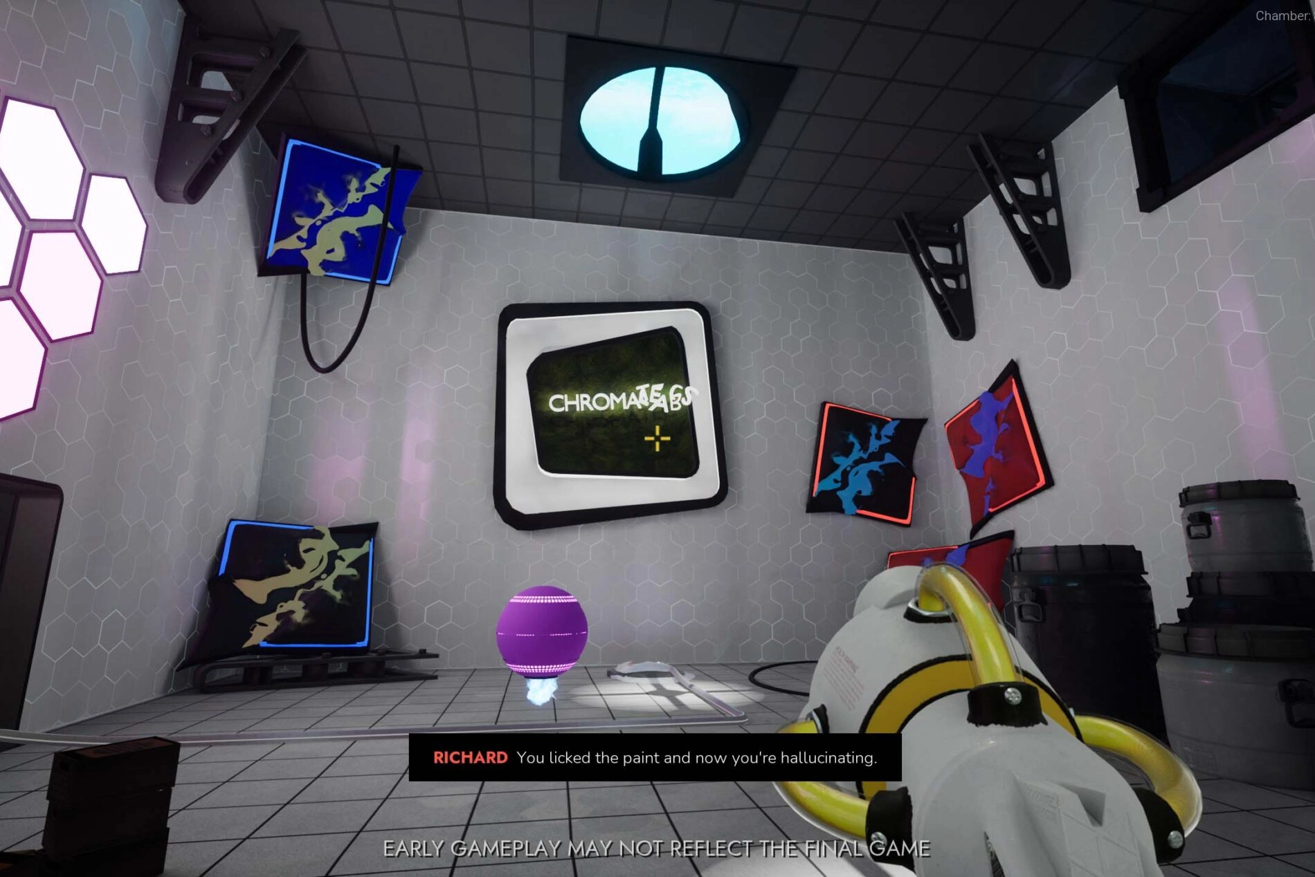 A futuristic room with a ChromaGun, colorful panels, and a floating purple orb in a puzzle environment