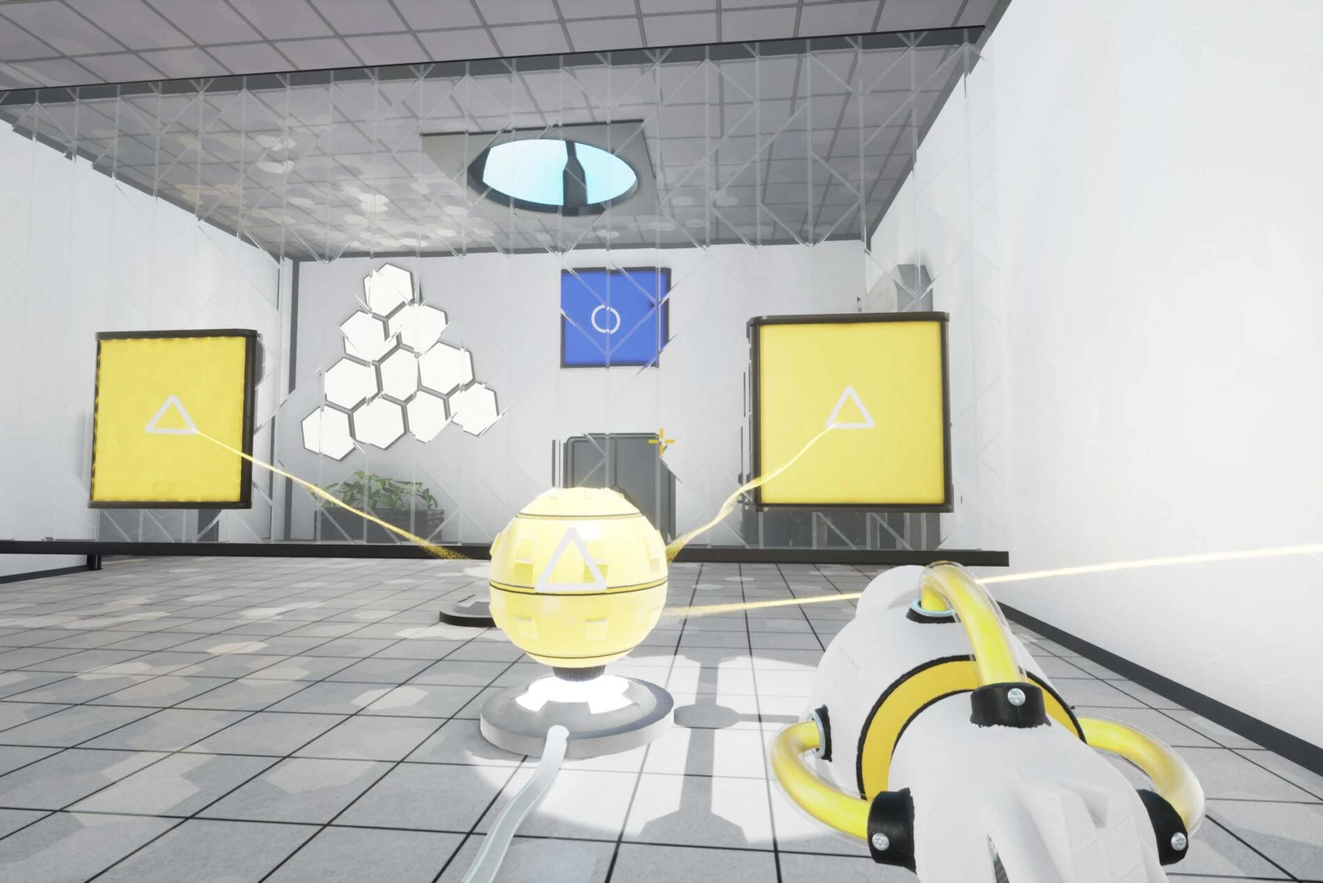 A futuristic room with a ChromaGun aiming at yellow panels, featuring symbol overlays for accessibility