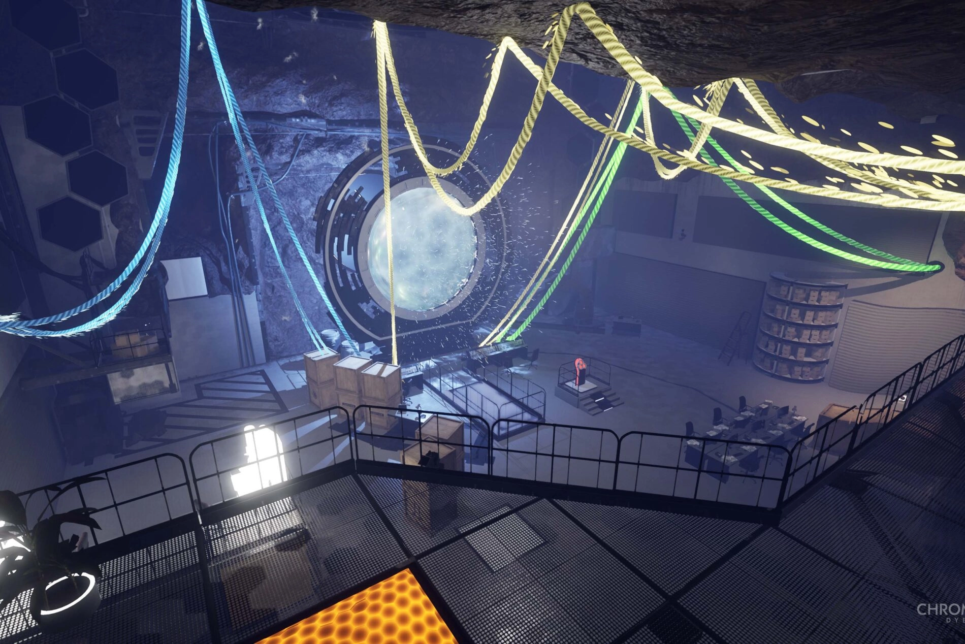 A futuristic room with colorful cables, a large circular portal, and various equipment scattered around