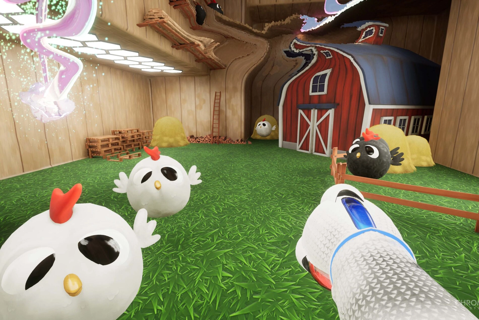 A player aims a Chromagun at cartoonish chickens in a barn setting, showcasing vibrant colors and playful design