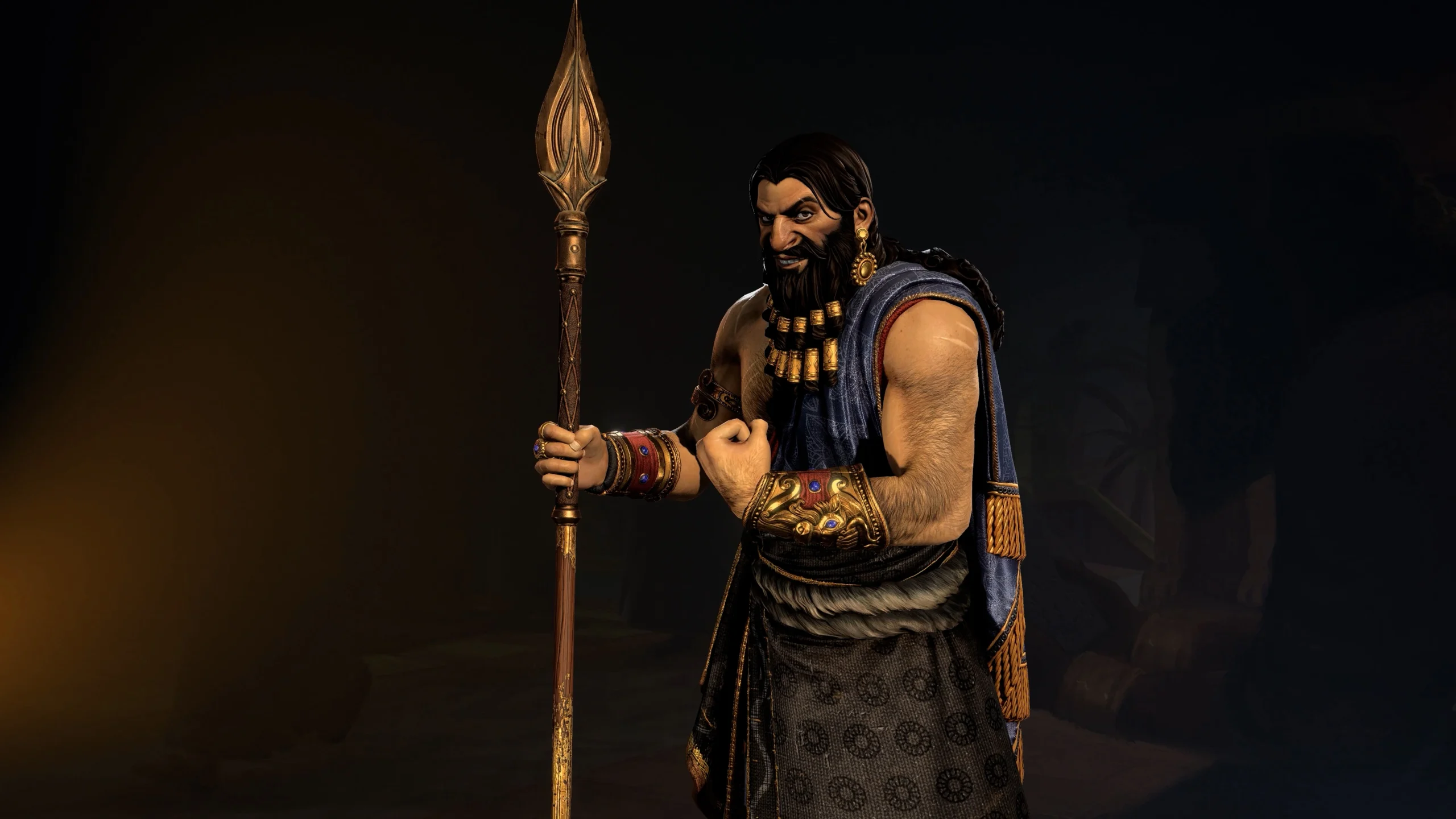 A bearded leader in ancient attire holds a spear, representing a Civilization VII character in a strategic pose