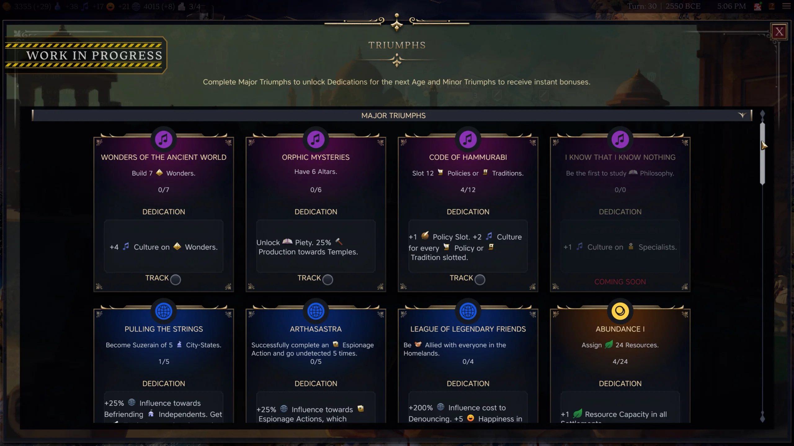 Game interface showing Civilization VII's Triumphs screen with various dedication options and progress bars