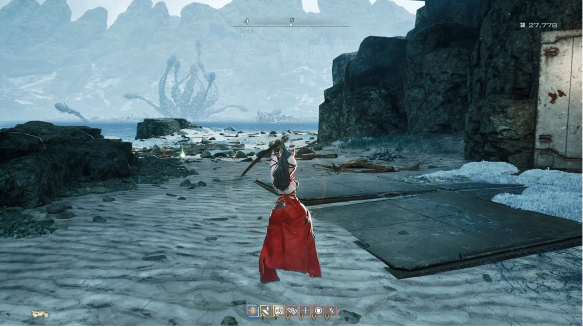 Character in red outfit exploring a coastal area in Code Vein II, with distant tentacle-like structures