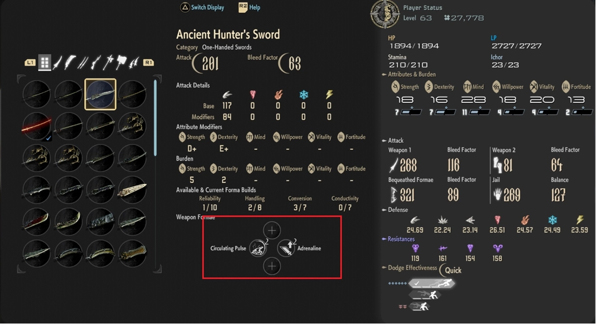 Game interface showing weapon stats, player status, and combat options for Code Vein II strategy guide