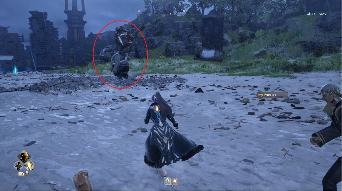 Character in dark armor approaches a large enemy on a sandy battlefield, ready for combat in Code Vein II