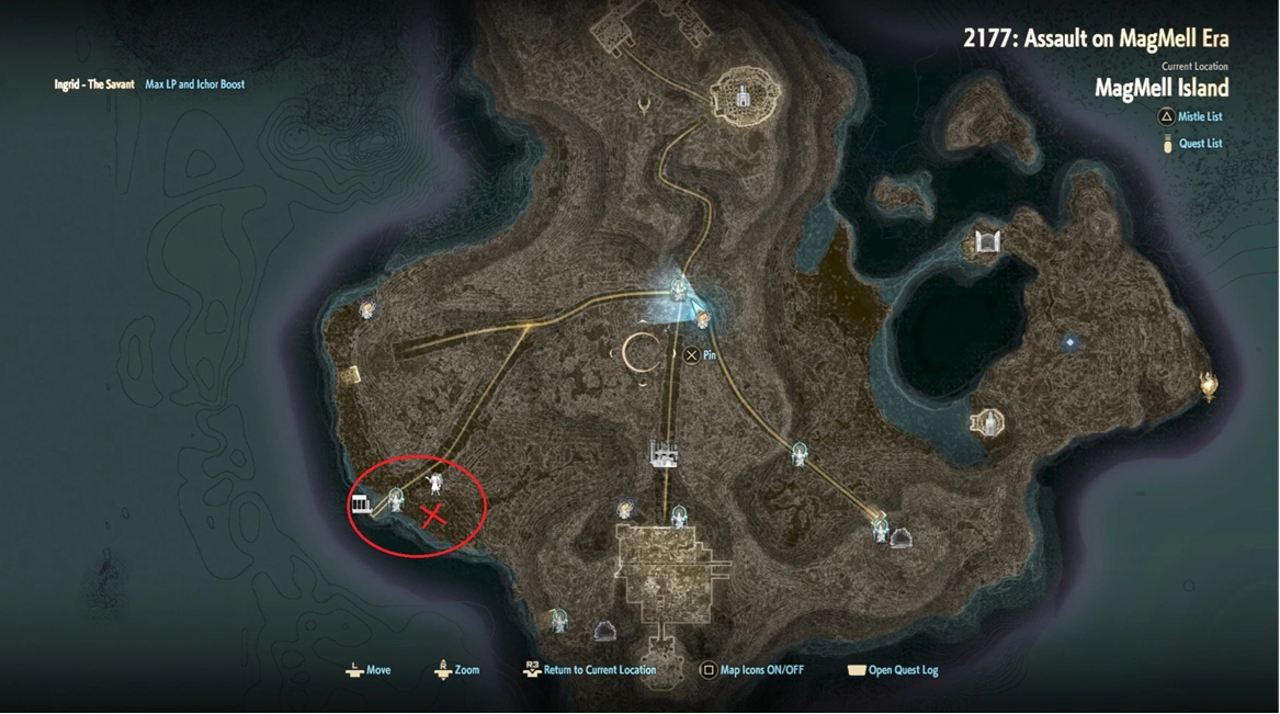 Map of MagMell Island in Code Vein II, highlighting key locations and enemy farm spot with a red X