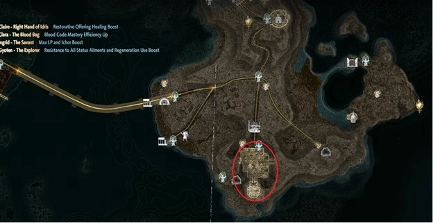 Map of MagMell Island Pier in Code Vein II, highlighting key locations and enemy farming spots