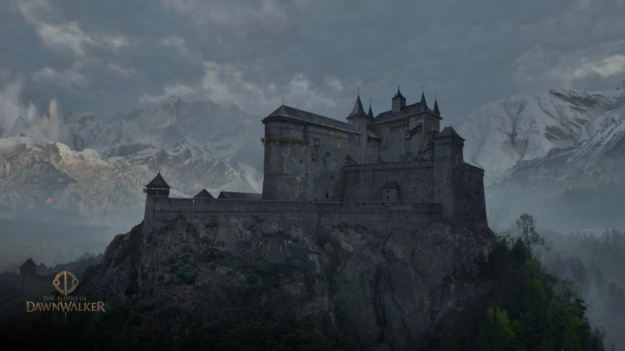 A majestic castle perched on a rocky cliff, surrounded by misty mountains, under a cloudy sky in Vale Sangora