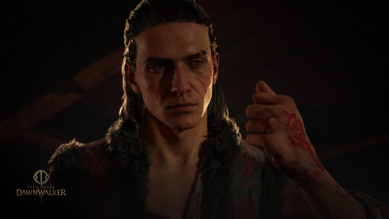 Coen gazes intently, his left arm marked with glowing runes, symbolizing his mystical Dawnwalker identity