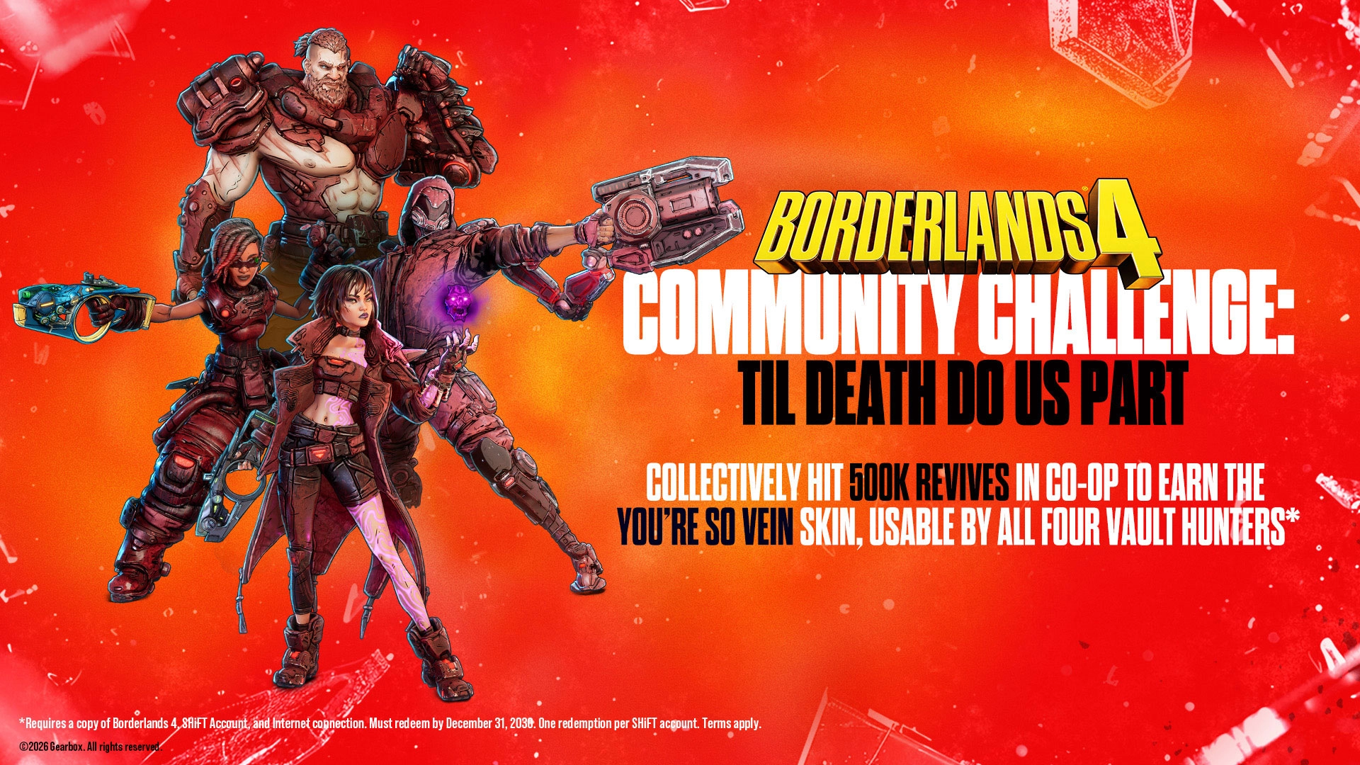 Four Borderlands 4 characters stand ready for action, promoting the Community Challenge event
