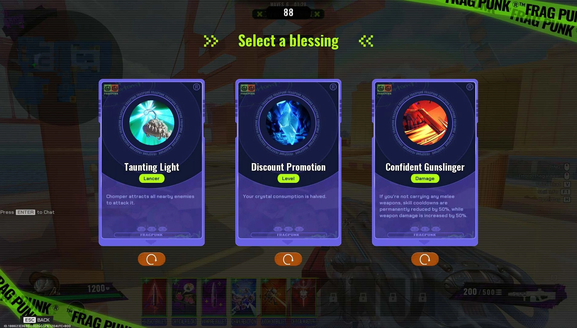 Game interface showing three card options: Taunting Light, Discount Promotion, Confident Gunslinger