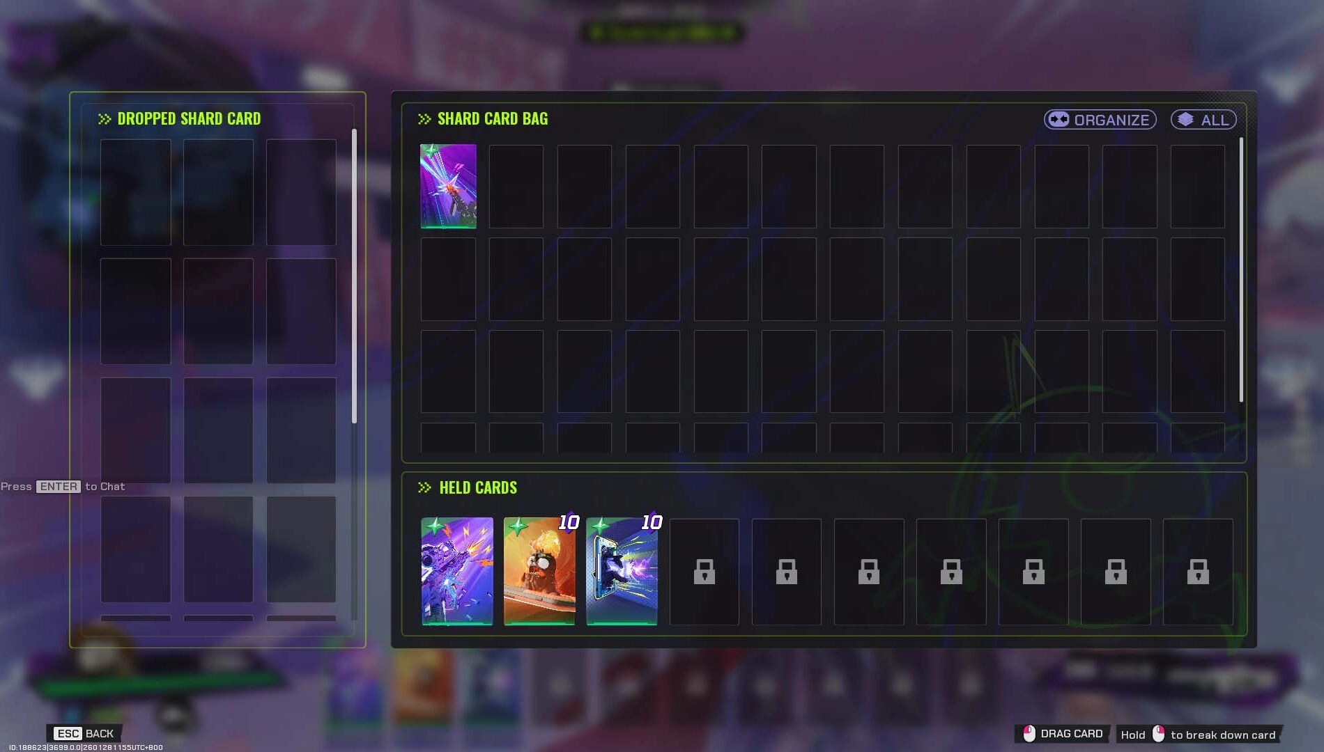 Game interface showing Shard Card Bag and Held Cards in FragPunk's new Pigment Realm mode for Season 4 anniversary