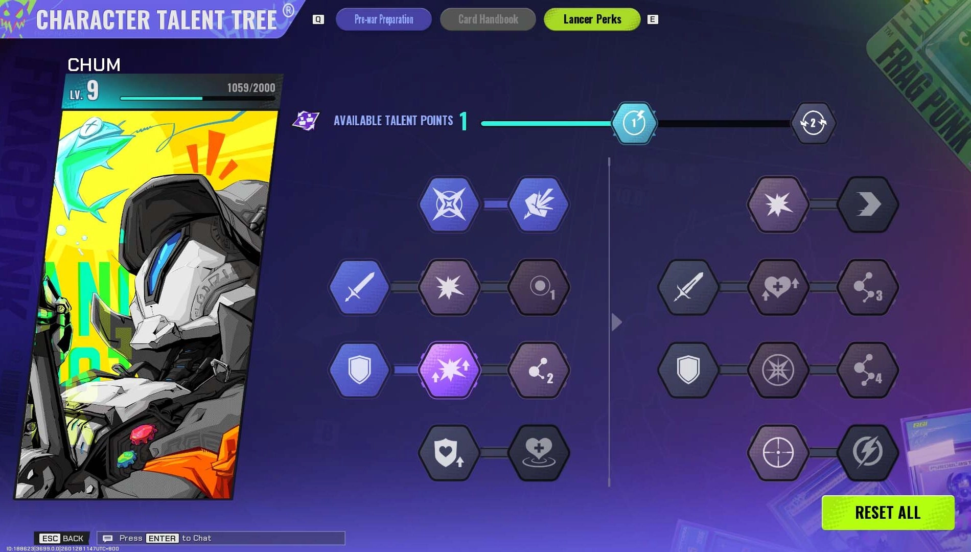 Character talent tree screen in FragPunk game, showing Chum's abilities and available talent points for upgrades