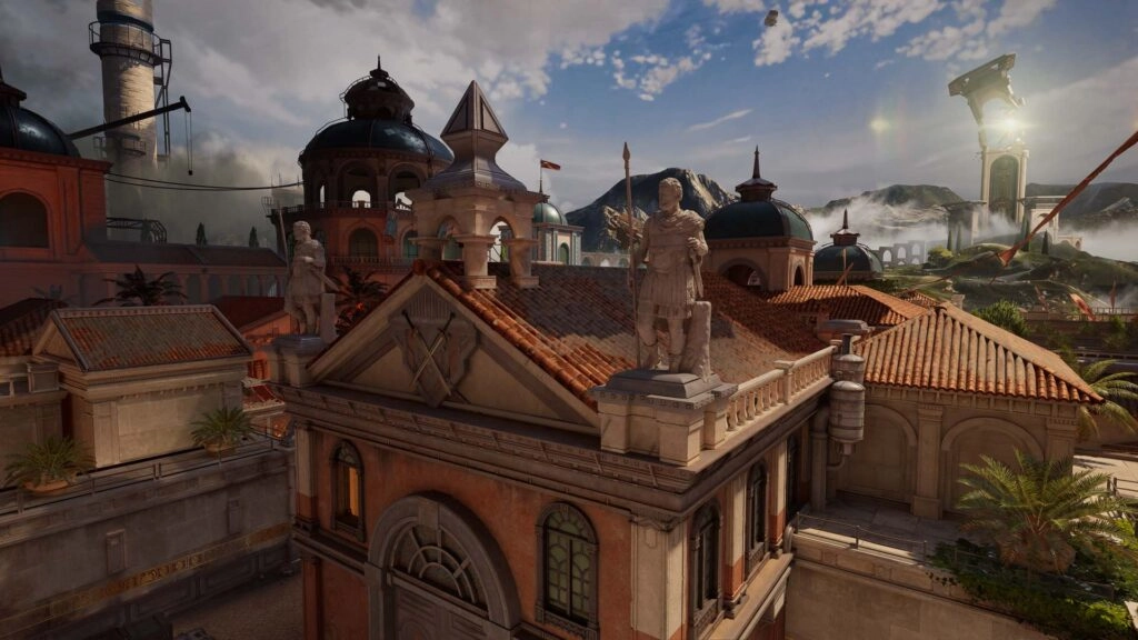 Rooftop view of a detailed, ornate building in a vibrant cityscape, under a partly cloudy sky