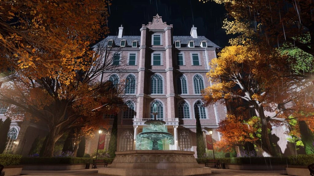 Historic brick building surrounded by autumn trees, setting the stage for FragPunk's anniversary event