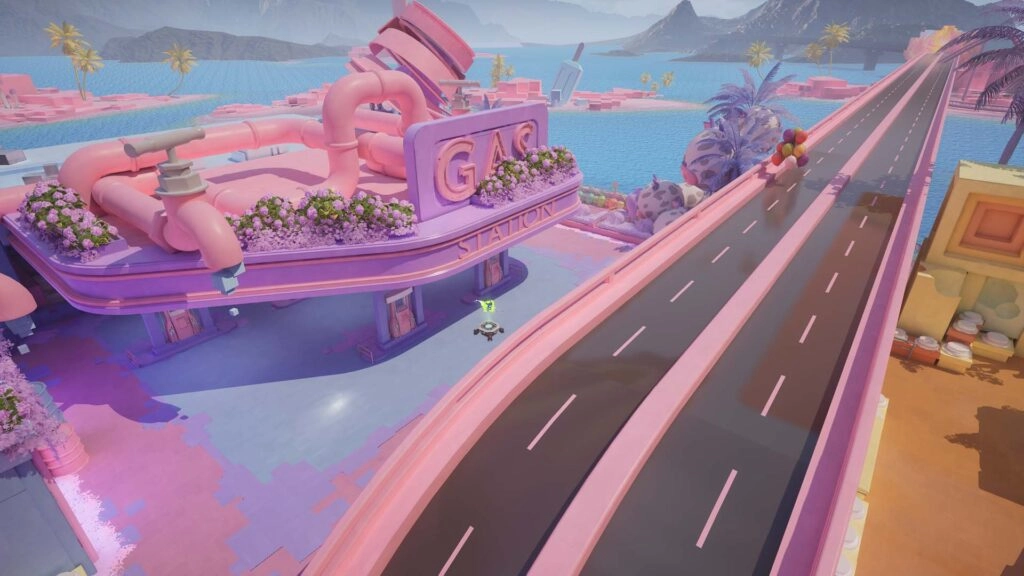 Colorful gas station with pink architecture, flowers, and a futuristic road, set in a vibrant landscape