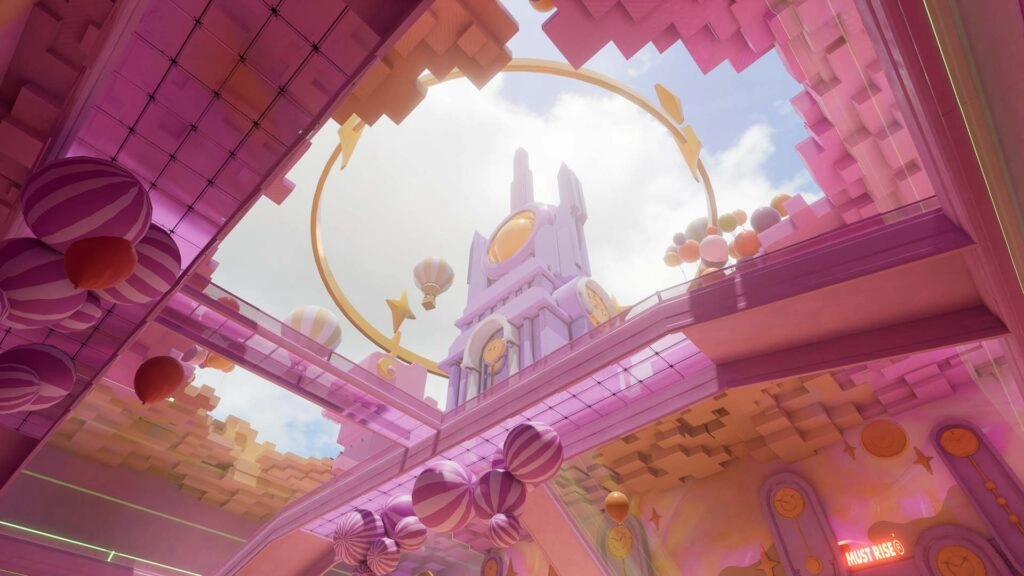 Colorful, futuristic game environment with pink architecture and floating balloons, symbolizing FragPunk's new mode