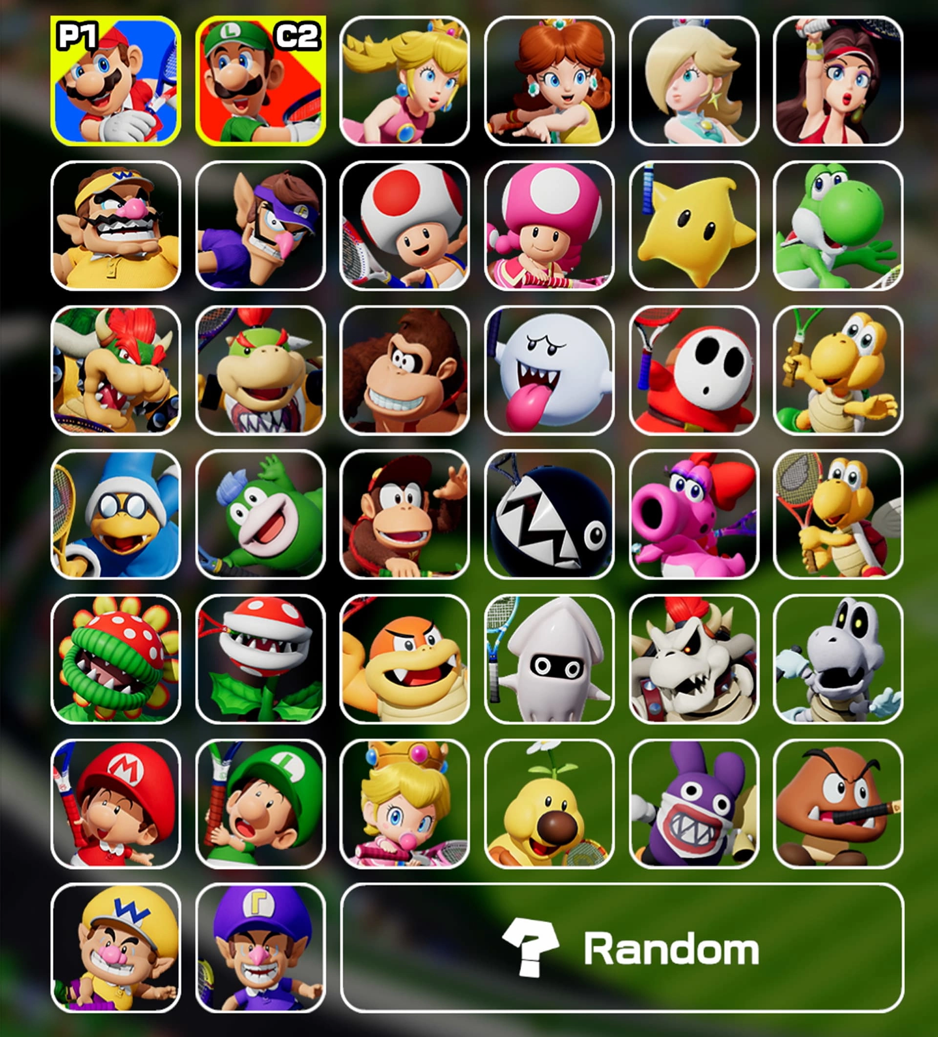 Character selection screen from Mario Tennis Fever featuring 38 Mushroom Kingdom characters