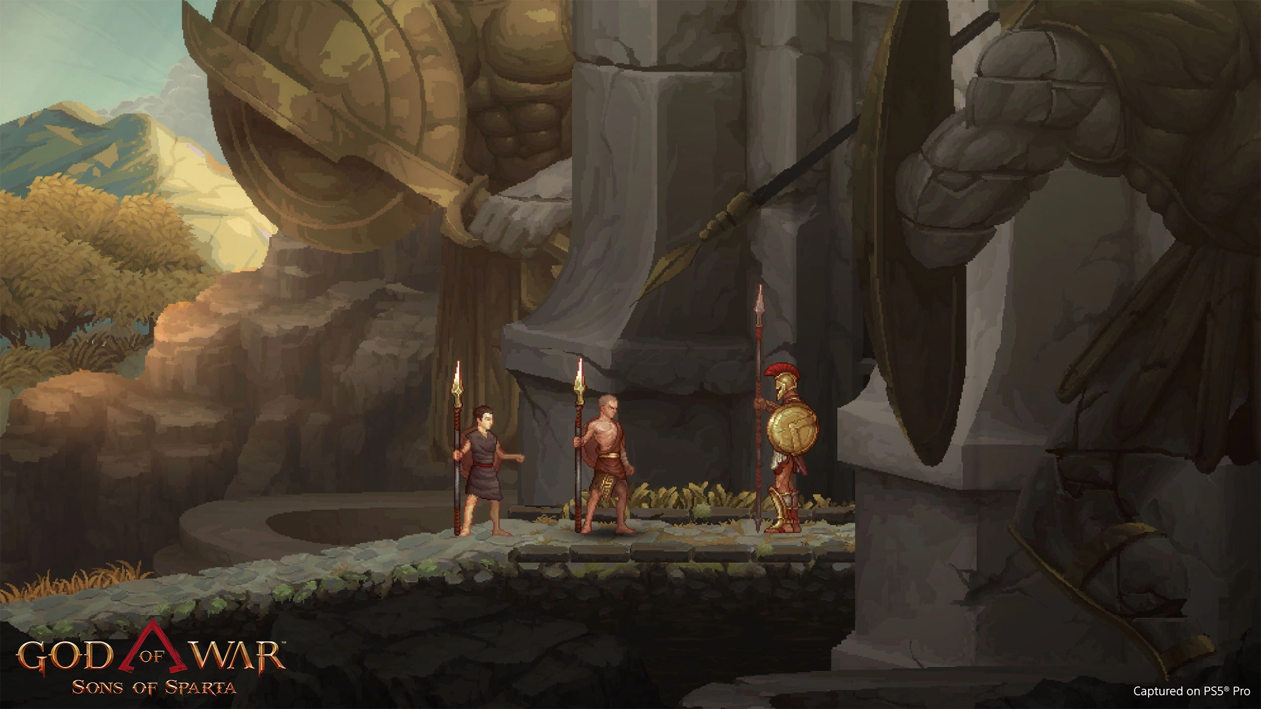 Kratos and Deimos stand ready with a Spartan soldier in a 2D pixel art scene from God of War Sons of Sparta