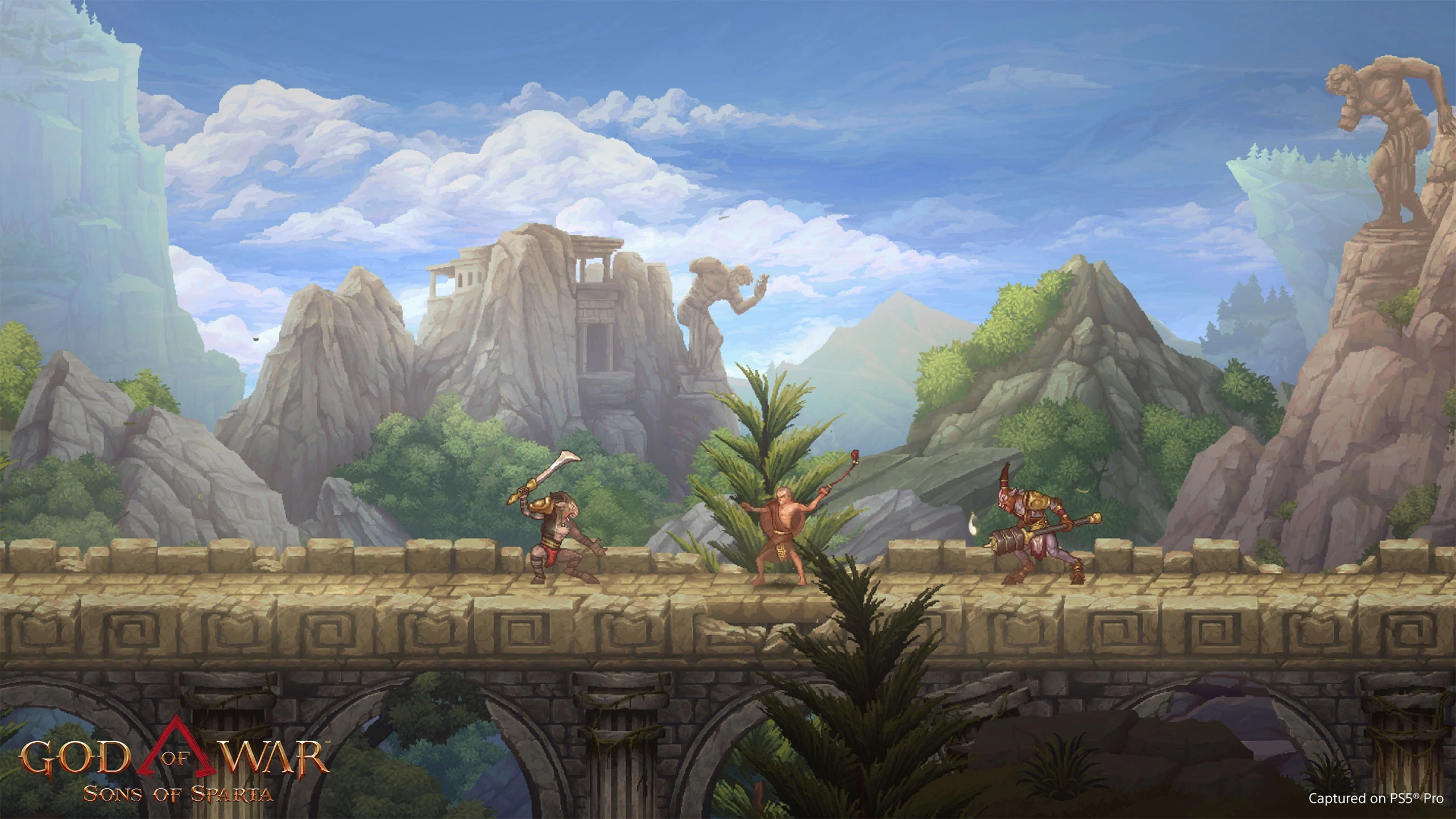 Two warriors battle on an ancient stone bridge with mountains and a statue in the background, God of War style