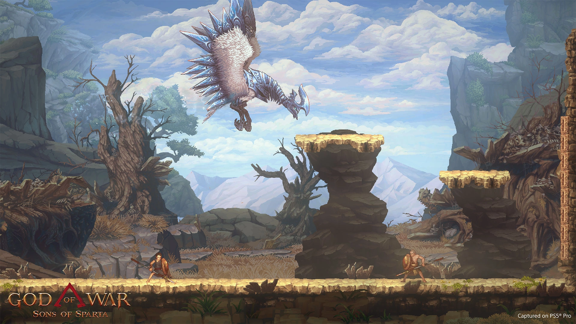 A large mythical bird soars over rocky platforms in a 2D landscape from God of War Sons of Sparta game