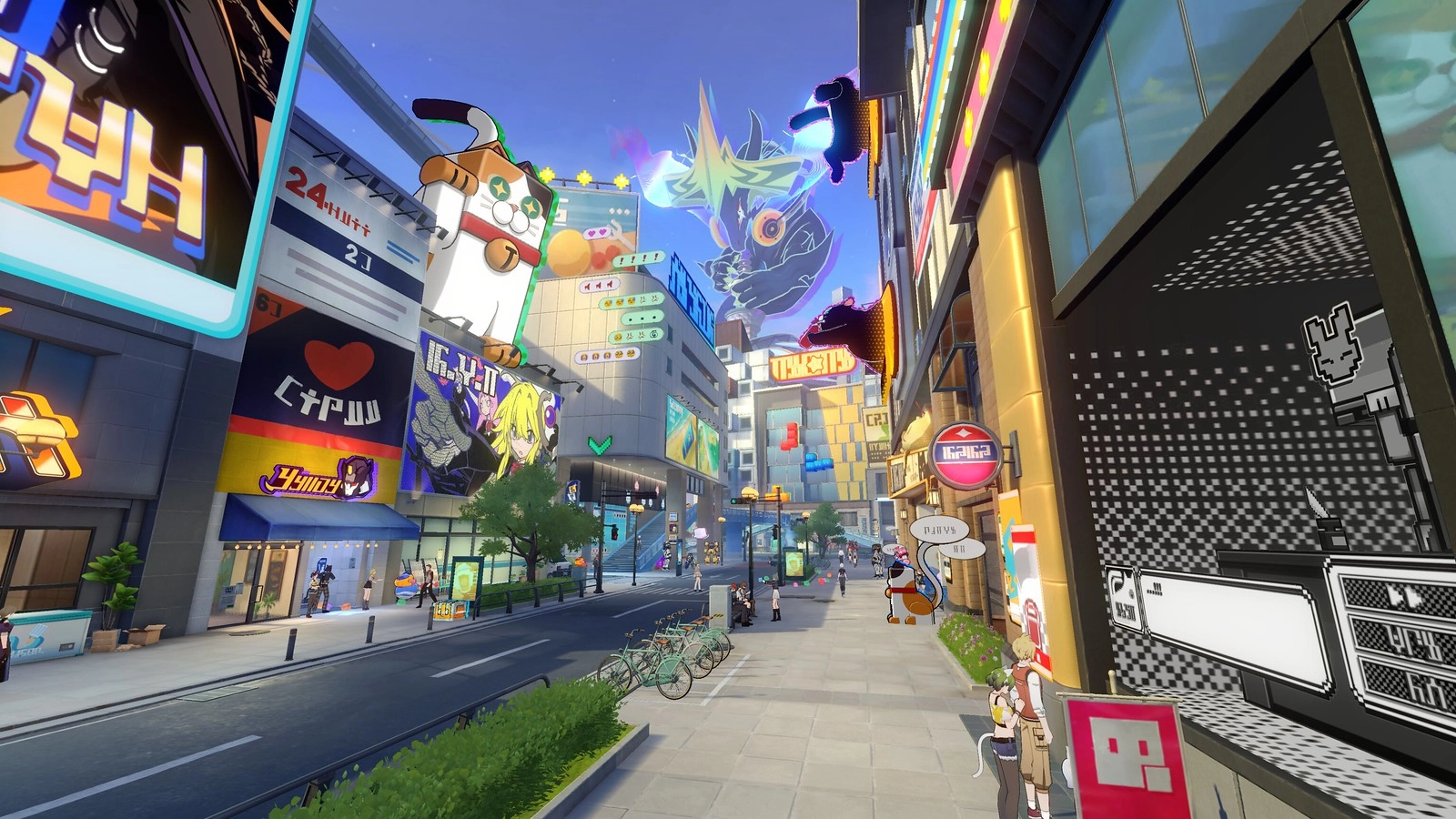 Vibrant city street in Planarcadia with colorful billboards and lively atmosphere, setting for Phantasmoon Games