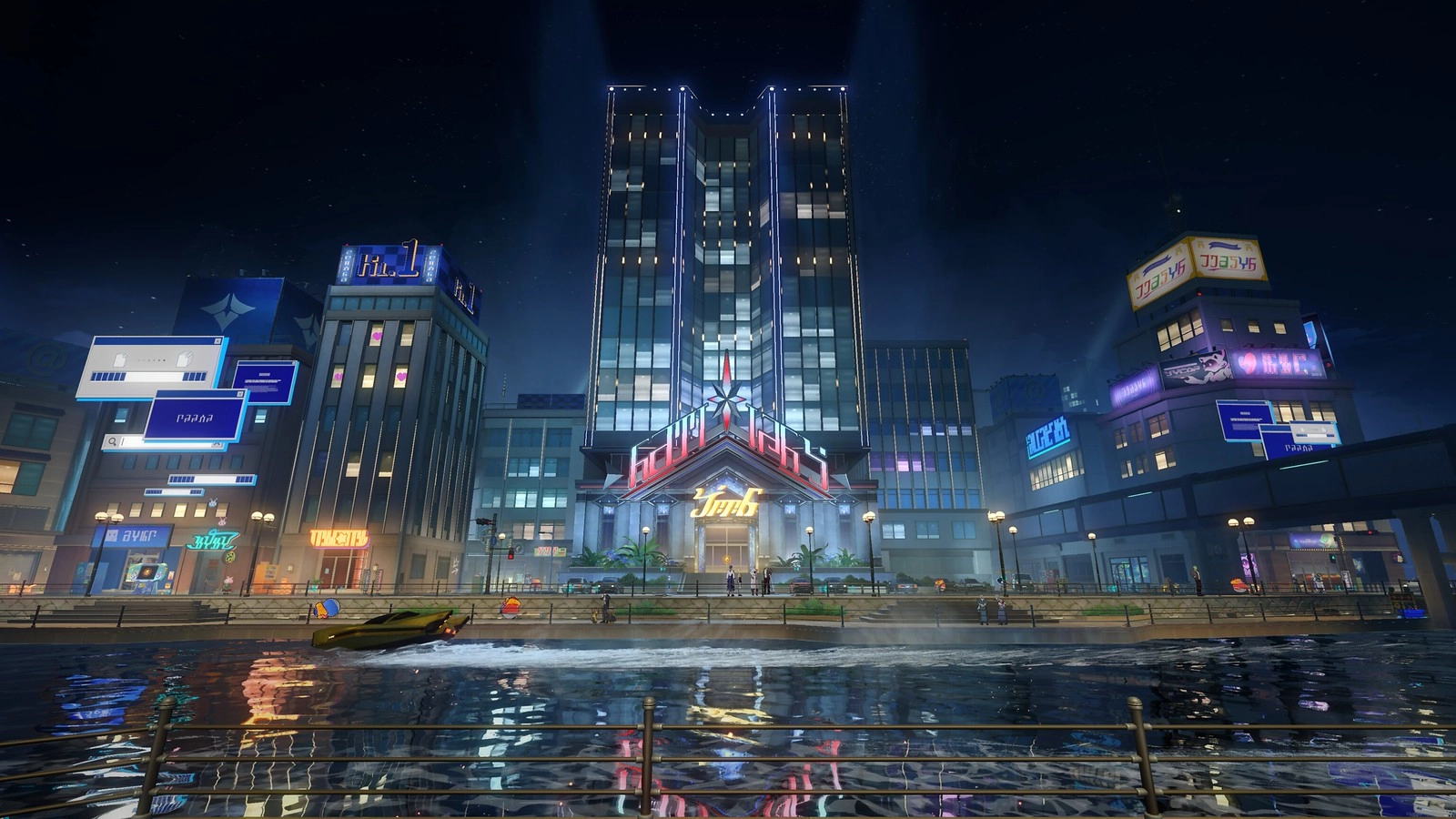 A vibrant cityscape at night with illuminated skyscrapers and a boat on a canal, reflecting Planarcadia's allure