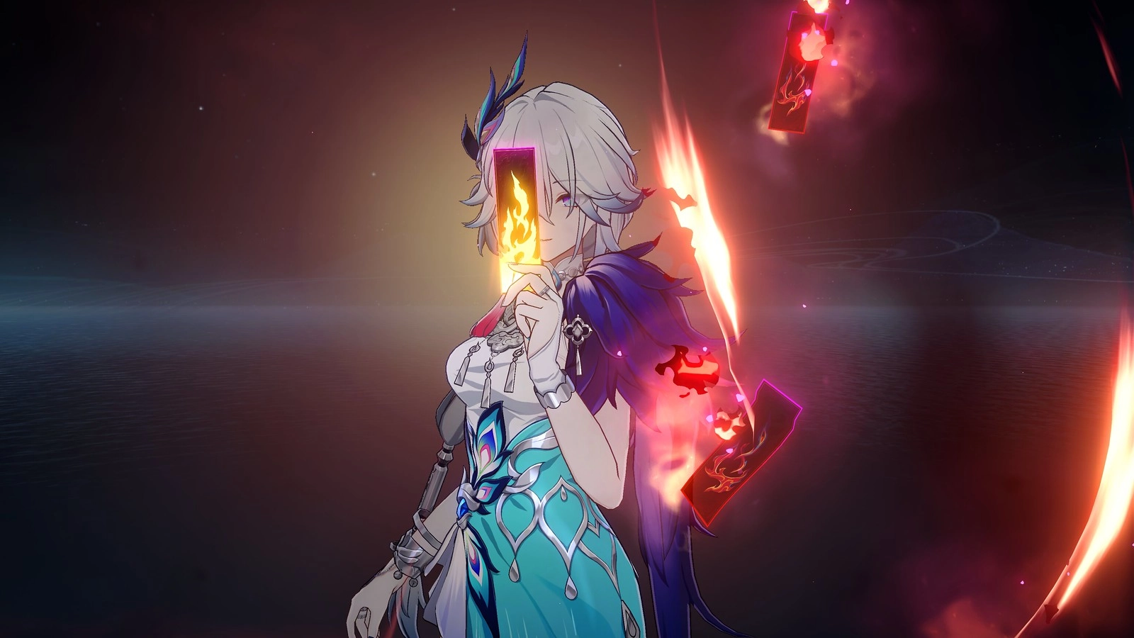 A character in vibrant attire holds a glowing card, set against a mystical, fiery backdrop in Honkai: Star Rail