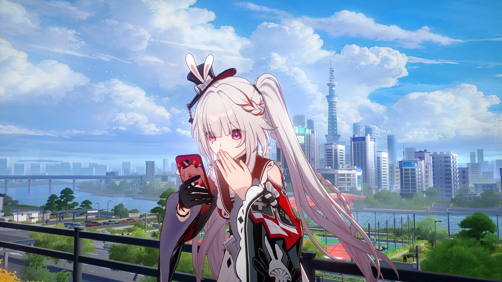 A character with long white hair and red eyes holds a phone, overlooking a vibrant cityscape under a blue sky