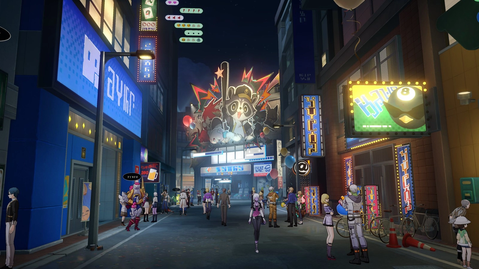 A bustling street in Duomension City, vibrant neon signs and diverse characters celebrating Phantasmoon Games