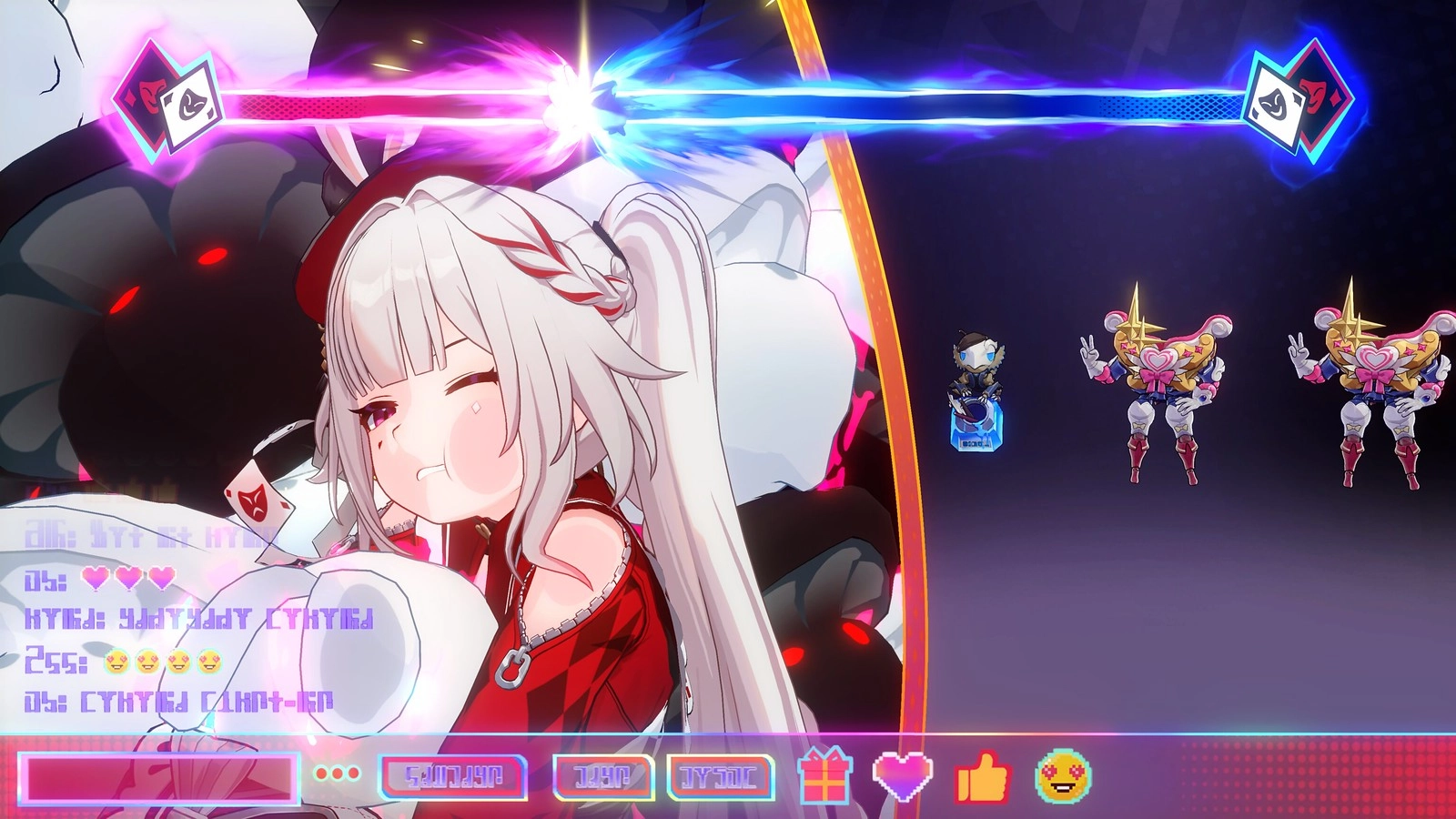 Anime character in a vibrant arcade setting, with colorful energy beams and robotic figures in the background