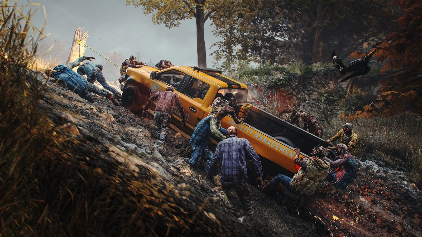 A yellow utility truck struggles uphill as a horde of zombies swarms in a forested environment