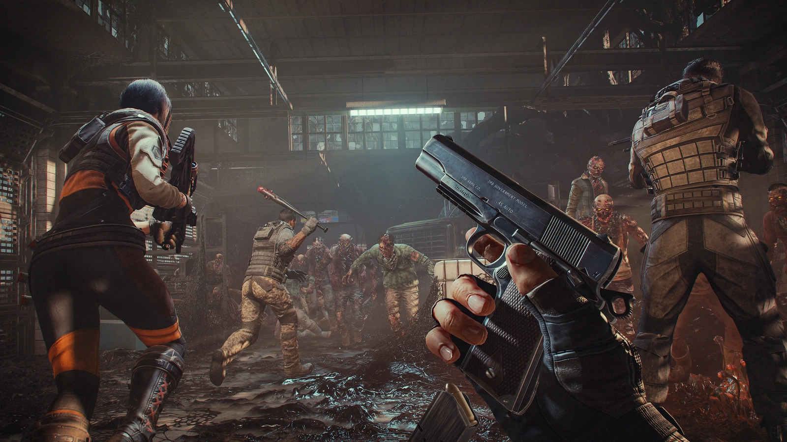Players in a warehouse battle hordes of zombies with guns and melee weapons in Toxic Commando gameplay