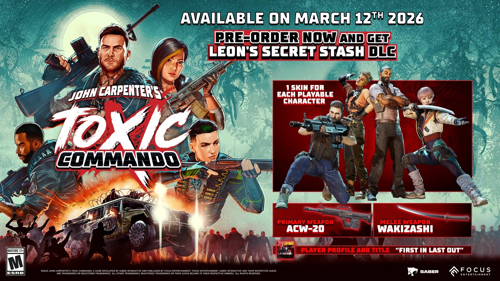 Promotional poster for Toxic Commando game, featuring characters, vehicles, and March 12 release date announcement