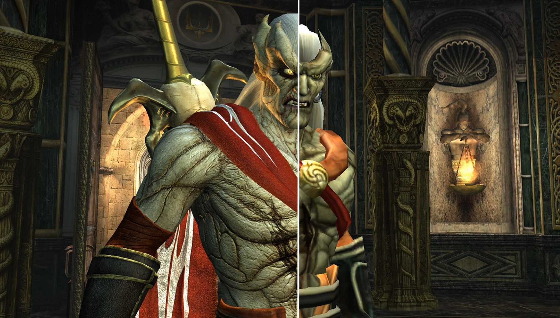 Split image showing Legacy of Kain: Defiance Remastered with enhanced graphics and original visuals comparison