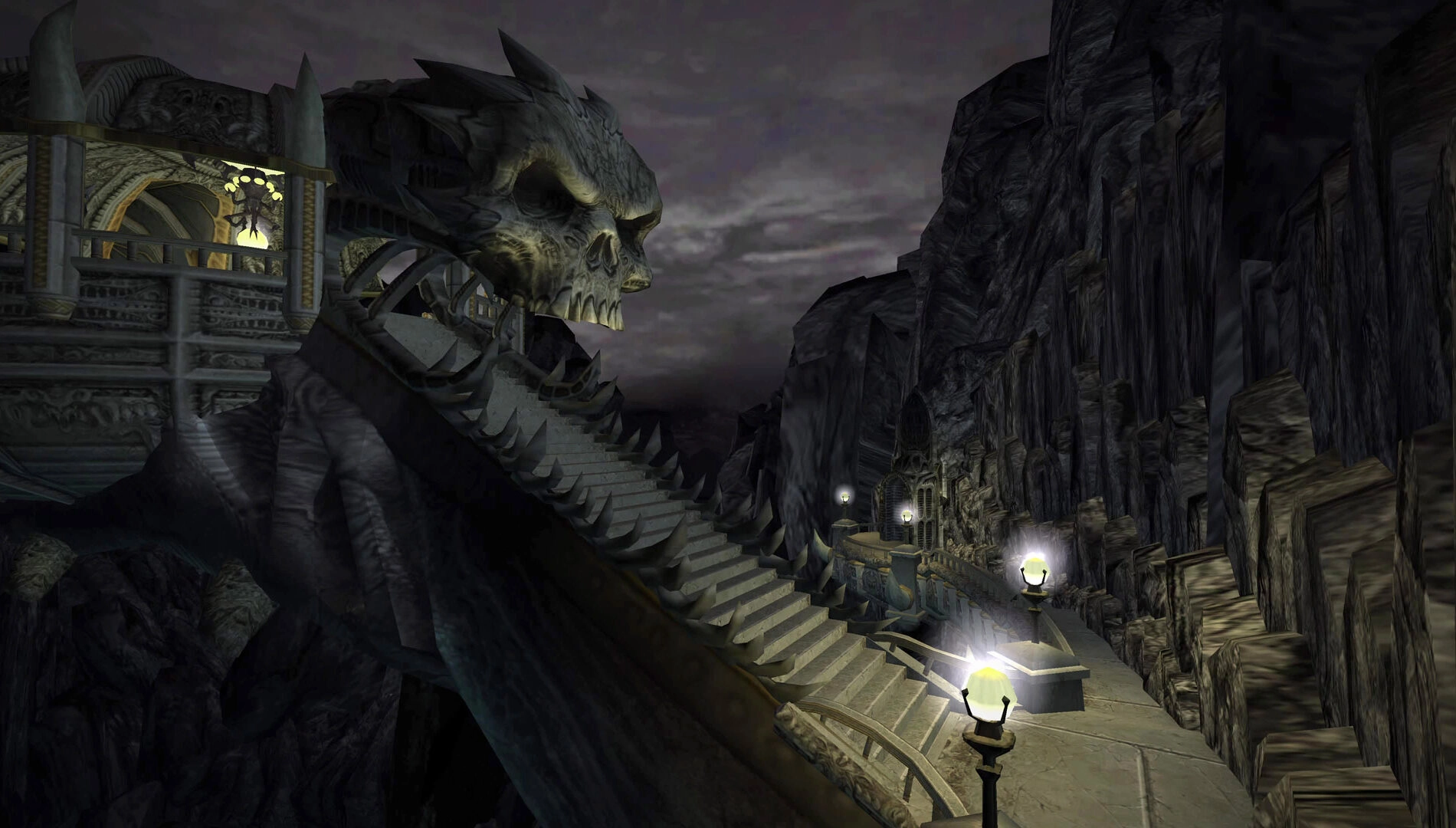 Gothic stone staircase with skull sculpture, leading to a dark, atmospheric castle in Legacy of Kain: Defiance Remastered